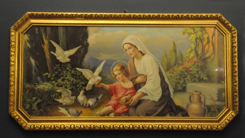Oleodruk Matka Boska z Jezusem Karmiącym Gołębie